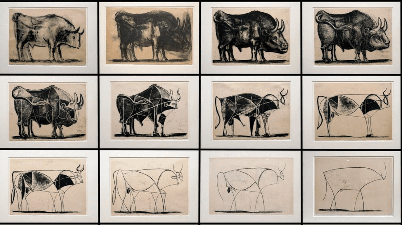Twelve bull studies, progressing from richly detailed drawings to a few essential lines.